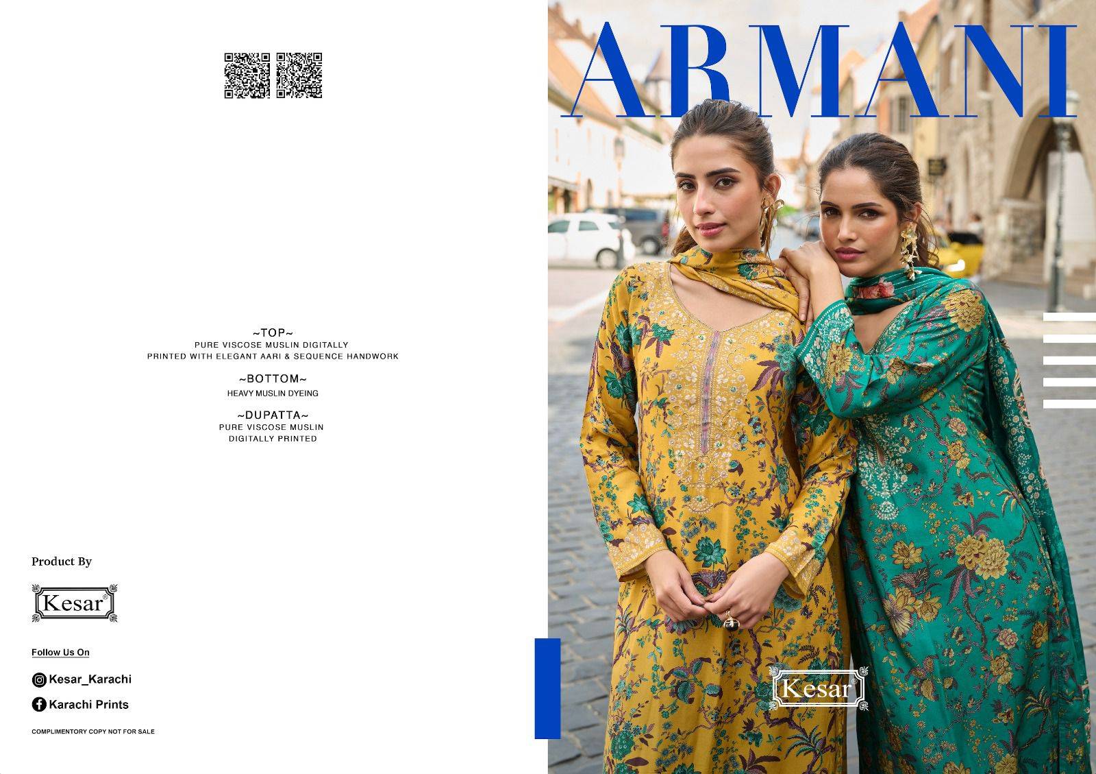 ARMANI by KESAR KARACHI 5001 to 5004 series pure viscose muslin dresses at Wholesale Price